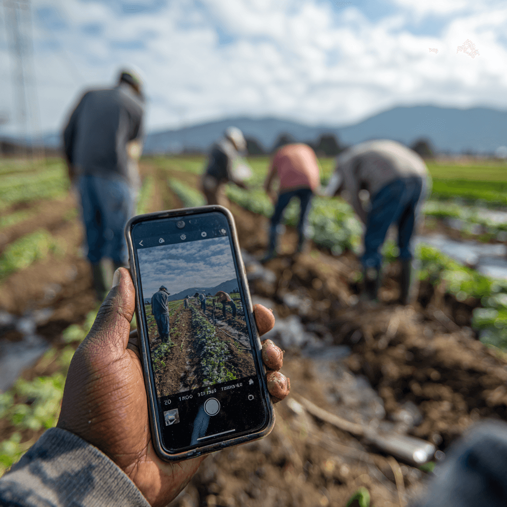 Farm worker using a smartphone to capture ShambaBoy task proof