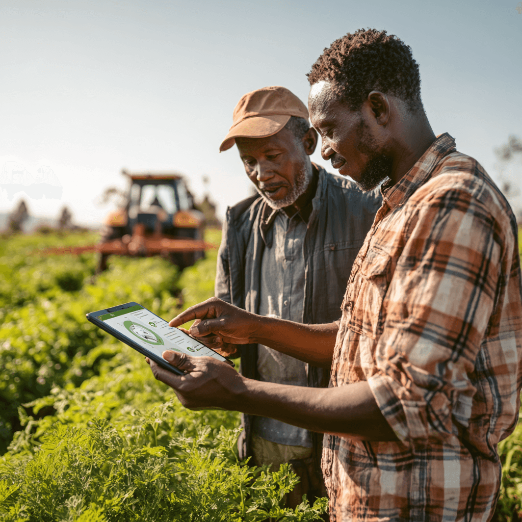 Farmers overseeing estate operations with tablet